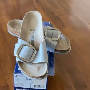 Birkenstock Metallic Blue Slide Sandals with Silver Big Buckle
